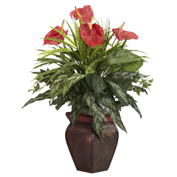 Nearly Natural Mixed Greens Anthurium Silk Plant With Vase